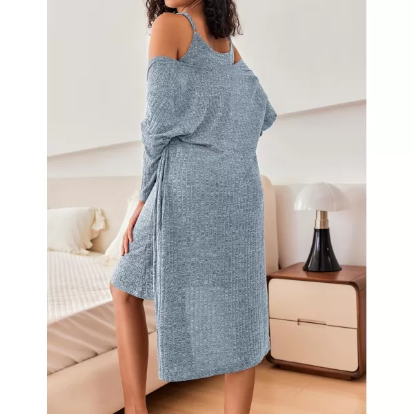 Ekouaer Womens Knit Robe Set 2 Piece Nightgown with Robes Long Sleeves Lounge Sets with Pockets S3XLBlue