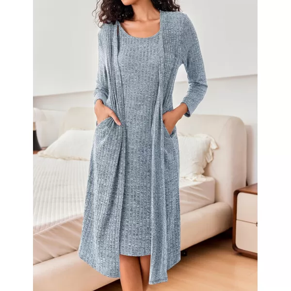 Ekouaer Womens Knit Robe Set 2 Piece Nightgown with Robes Long Sleeves Lounge Sets with Pockets S3XLBlue