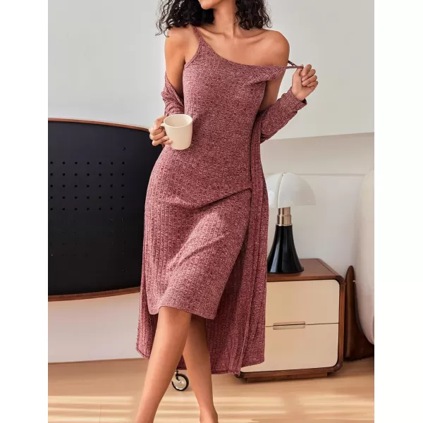 Ekouaer Womens Knit Robe Set 2 Piece Nightgown with Robes Long Sleeves Lounge Sets with Pockets S3XLBurgundy