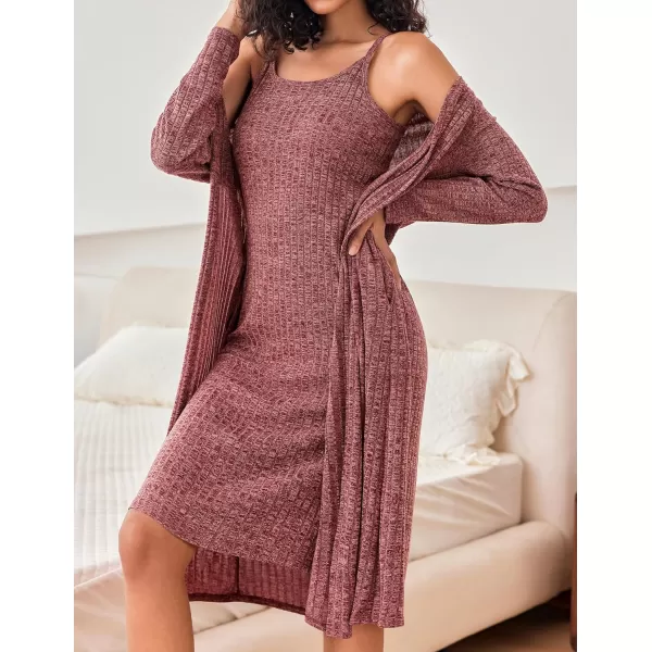 Ekouaer Womens Knit Robe Set 2 Piece Nightgown with Robes Long Sleeves Lounge Sets with Pockets S3XLBurgundy