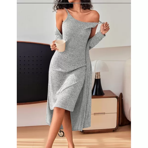 Ekouaer Womens Knit Robe Set 2 Piece Nightgown with Robes Long Sleeves Lounge Sets with Pockets S3XLLight Gray