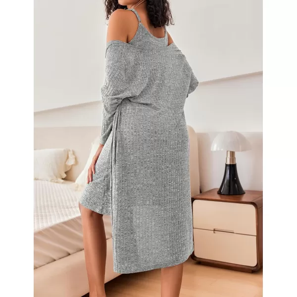 Ekouaer Womens Knit Robe Set 2 Piece Nightgown with Robes Long Sleeves Lounge Sets with Pockets S3XLLight Gray