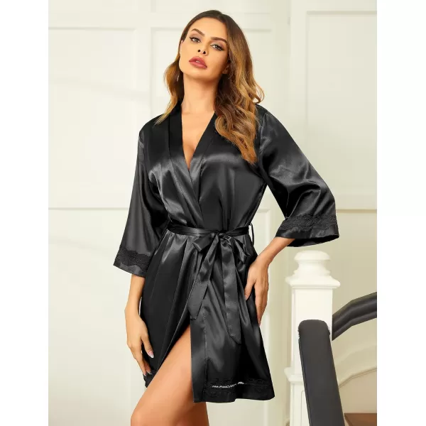 Ekouaer Womens LaceTrim Silk Robes Bride Bridesmaid Kimono Satin Bathrobe V Neck Sleepwear with 34 SleeveBlack