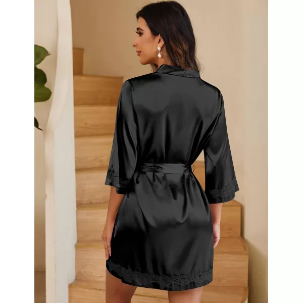 Ekouaer Womens LaceTrim Silk Robes Bride Bridesmaid Kimono Satin Bathrobe V Neck Sleepwear with 34 SleeveBlack