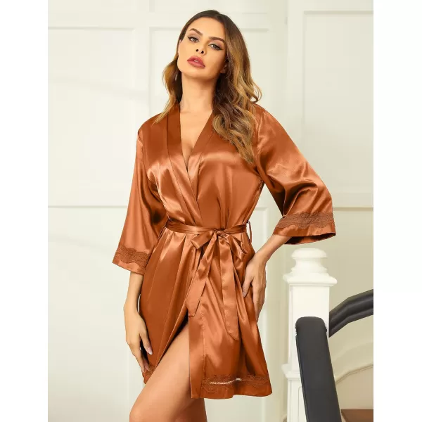 Ekouaer Womens LaceTrim Silk Robes Bride Bridesmaid Kimono Satin Bathrobe V Neck Sleepwear with 34 SleeveCaramel Colour