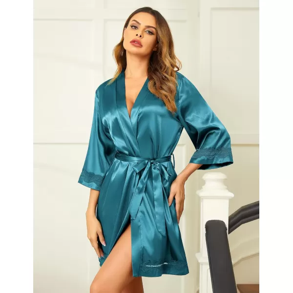 Ekouaer Womens LaceTrim Silk Robes Bride Bridesmaid Kimono Satin Bathrobe V Neck Sleepwear with 34 SleeveCeladon Green