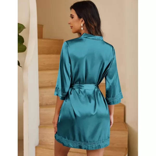 Ekouaer Womens LaceTrim Silk Robes Bride Bridesmaid Kimono Satin Bathrobe V Neck Sleepwear with 34 SleeveCeladon Green