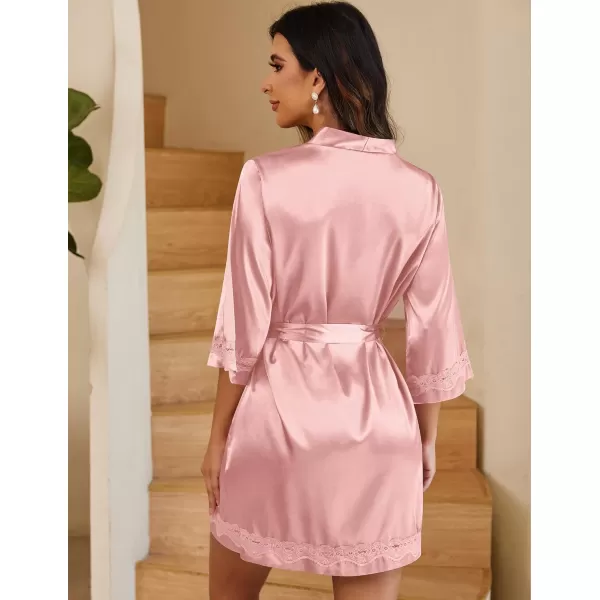 Ekouaer Womens LaceTrim Silk Robes Bride Bridesmaid Kimono Satin Bathrobe V Neck Sleepwear with 34 SleeveChampagne