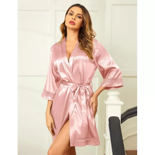 Ekouaer Womens LaceTrim Silk Robes Bride Bridesmaid Kimono Satin Bathrobe V Neck Sleepwear with 34 SleeveChampagne