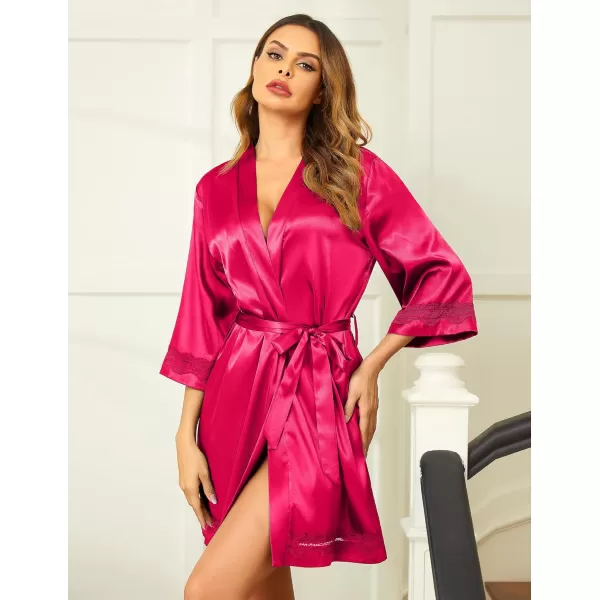 Ekouaer Womens LaceTrim Silk Robes Bride Bridesmaid Kimono Satin Bathrobe V Neck Sleepwear with 34 SleeveCherry Red