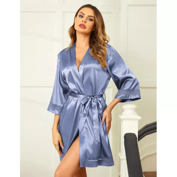 Ekouaer Womens LaceTrim Silk Robes Bride Bridesmaid Kimono Satin Bathrobe V Neck Sleepwear with 34 SleeveCobalt Blue