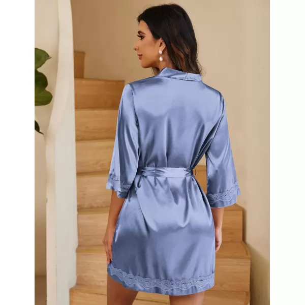 Ekouaer Womens LaceTrim Silk Robes Bride Bridesmaid Kimono Satin Bathrobe V Neck Sleepwear with 34 SleeveCobalt Blue