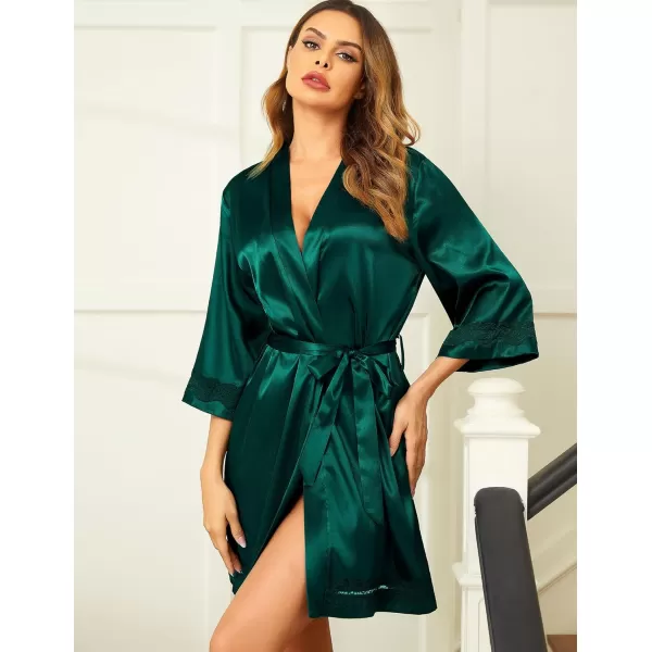 Ekouaer Womens LaceTrim Silk Robes Bride Bridesmaid Kimono Satin Bathrobe V Neck Sleepwear with 34 SleeveDark Green