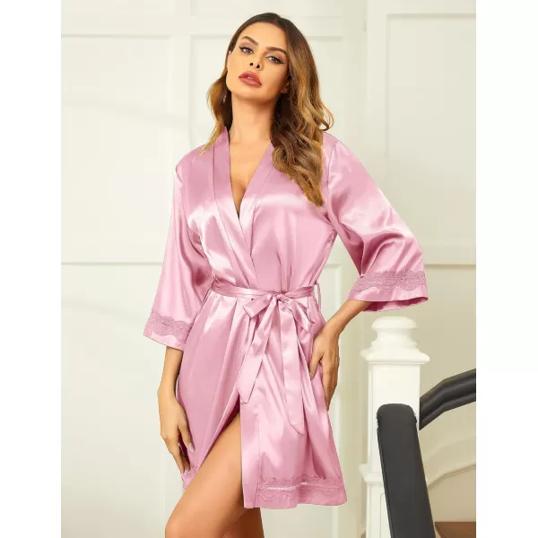 Ekouaer Womens LaceTrim Silk Robes Bride Bridesmaid Kimono Satin Bathrobe V Neck Sleepwear with 34 SleeveDeep Pink