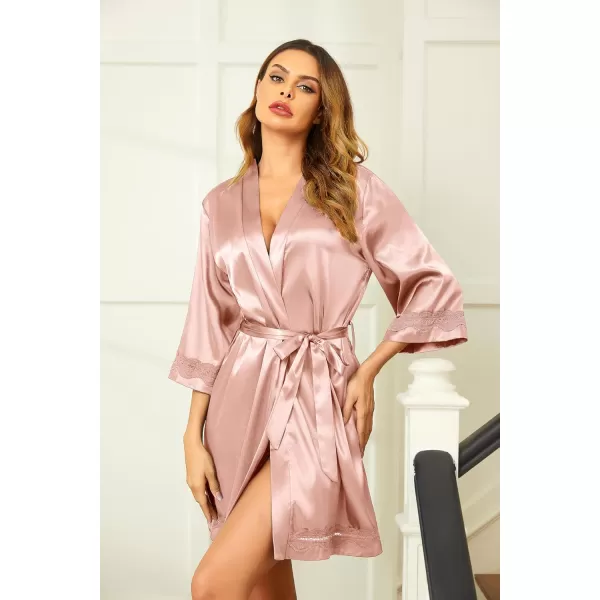 Ekouaer Womens LaceTrim Silk Robes Bride Bridesmaid Kimono Satin Bathrobe V Neck Sleepwear with 34 SleeveDeep Pinkbean Paste