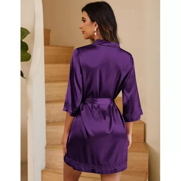 Ekouaer Womens LaceTrim Silk Robes Bride Bridesmaid Kimono Satin Bathrobe V Neck Sleepwear with 34 SleeveDeep Purple