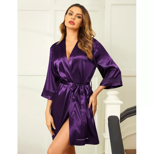 Ekouaer Womens LaceTrim Silk Robes Bride Bridesmaid Kimono Satin Bathrobe V Neck Sleepwear with 34 SleeveDeep Purple