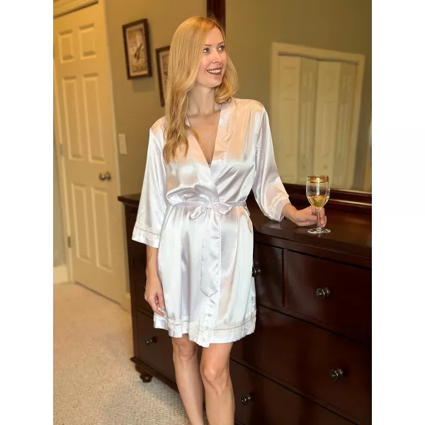 Ekouaer Womens LaceTrim Silk Robes Bride Bridesmaid Kimono Satin Bathrobe V Neck Sleepwear with 34 SleeveFlesh Color
