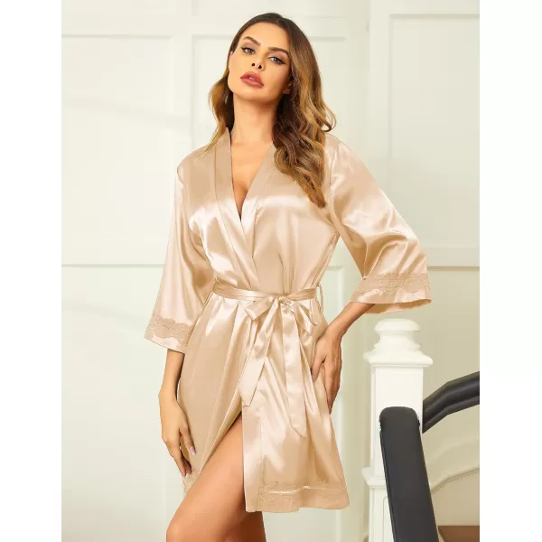 Ekouaer Womens LaceTrim Silk Robes Bride Bridesmaid Kimono Satin Bathrobe V Neck Sleepwear with 34 SleeveFlesh Color