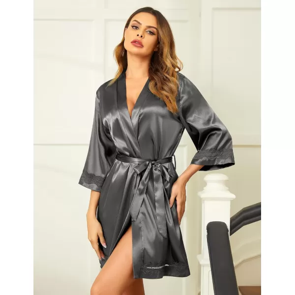 Ekouaer Womens LaceTrim Silk Robes Bride Bridesmaid Kimono Satin Bathrobe V Neck Sleepwear with 34 SleeveGrey