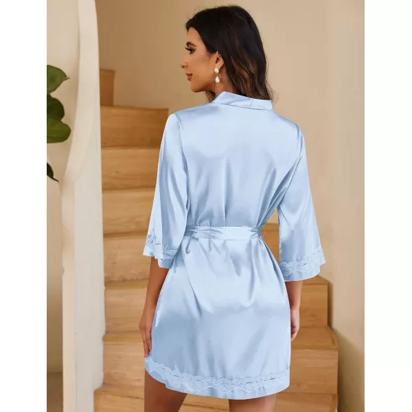 Ekouaer Womens LaceTrim Silk Robes Bride Bridesmaid Kimono Satin Bathrobe V Neck Sleepwear with 34 SleeveGrey Blue