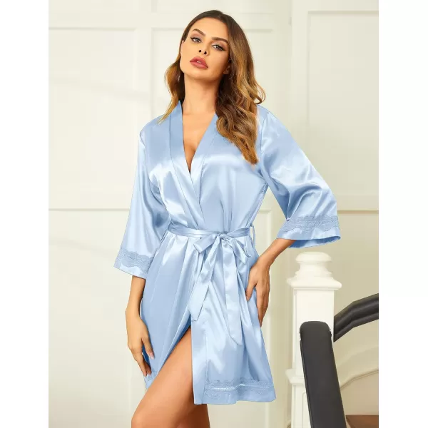 Ekouaer Womens LaceTrim Silk Robes Bride Bridesmaid Kimono Satin Bathrobe V Neck Sleepwear with 34 SleeveGrey Blue