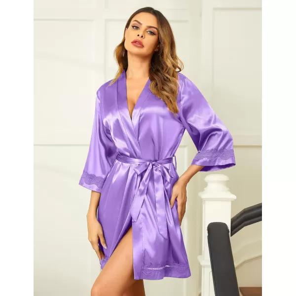 Ekouaer Womens LaceTrim Silk Robes Bride Bridesmaid Kimono Satin Bathrobe V Neck Sleepwear with 34 SleeveLilac