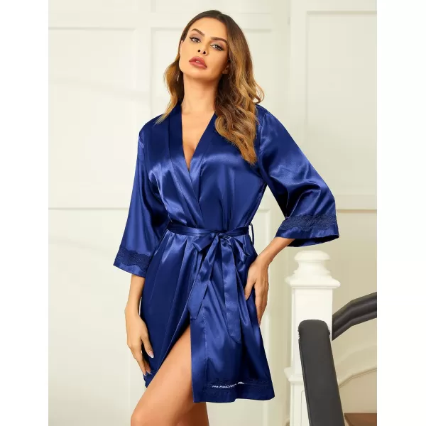 Ekouaer Womens LaceTrim Silk Robes Bride Bridesmaid Kimono Satin Bathrobe V Neck Sleepwear with 34 SleeveNavy Blue