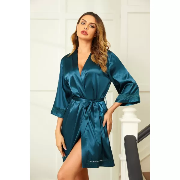 Ekouaer Womens LaceTrim Silk Robes Bride Bridesmaid Kimono Satin Bathrobe V Neck Sleepwear with 34 SleevePeacock Blue