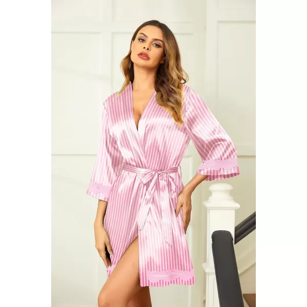 Ekouaer Womens LaceTrim Silk Robes Bride Bridesmaid Kimono Satin Bathrobe V Neck Sleepwear with 34 SleevePink White Stripes