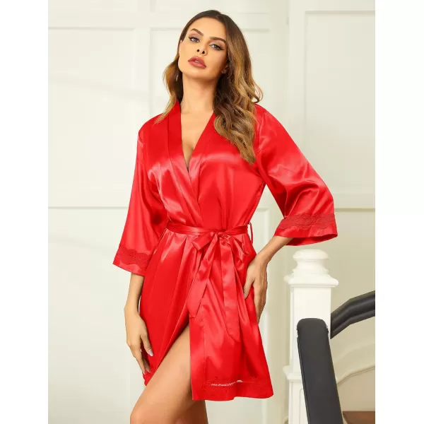 Ekouaer Womens LaceTrim Silk Robes Bride Bridesmaid Kimono Satin Bathrobe V Neck Sleepwear with 34 SleeveRed