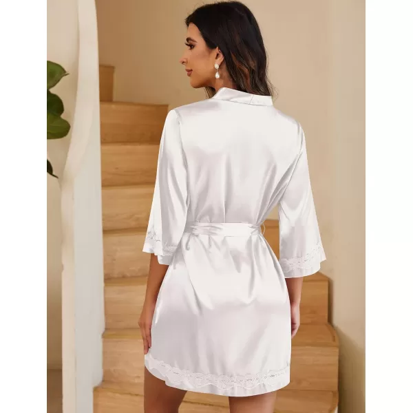 Ekouaer Womens LaceTrim Silk Robes Bride Bridesmaid Kimono Satin Bathrobe V Neck Sleepwear with 34 SleeveWhite