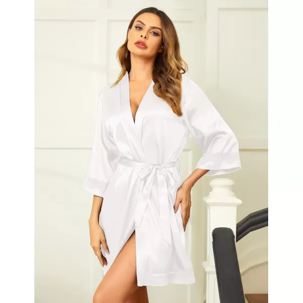 Ekouaer Womens LaceTrim Silk Robes Bride Bridesmaid Kimono Satin Bathrobe V Neck Sleepwear with 34 SleeveWhite