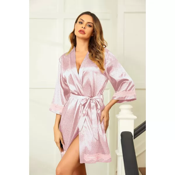 Ekouaer Womens LaceTrim Silk Robes Bride Bridesmaid Kimono Satin Bathrobe V Neck Sleepwear with 34 SleeveWhite Pink Leopard