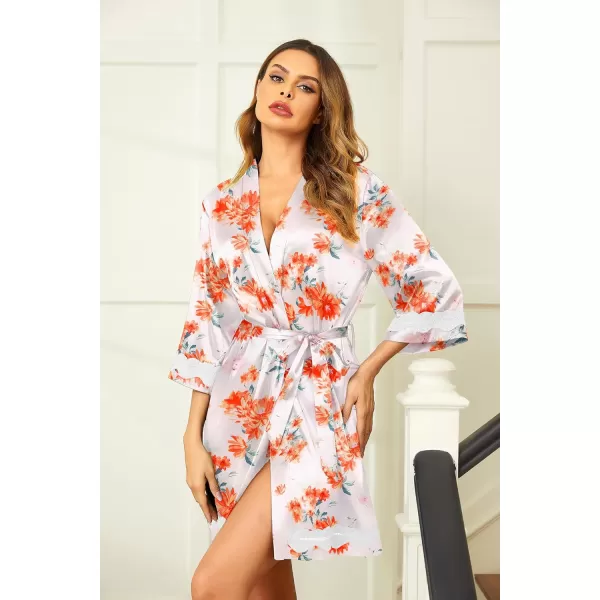 Ekouaer Womens LaceTrim Silk Robes Bride Bridesmaid Kimono Satin Bathrobe V Neck Sleepwear with 34 SleeveWhite Red Floral