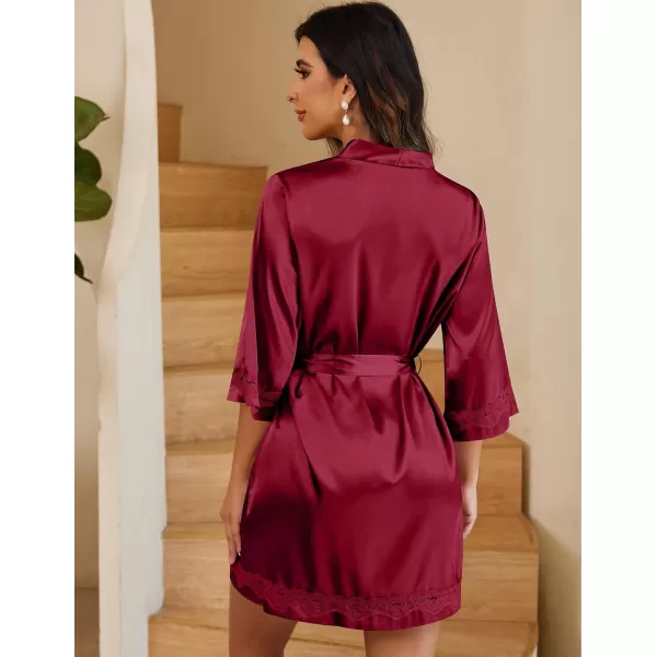 Ekouaer Womens LaceTrim Silk Robes Bride Bridesmaid Kimono Satin Bathrobe V Neck Sleepwear with 34 SleeveWine Red