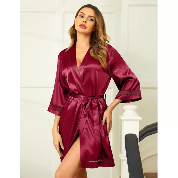 Ekouaer Womens LaceTrim Silk Robes Bride Bridesmaid Kimono Satin Bathrobe V Neck Sleepwear with 34 SleeveWine Red