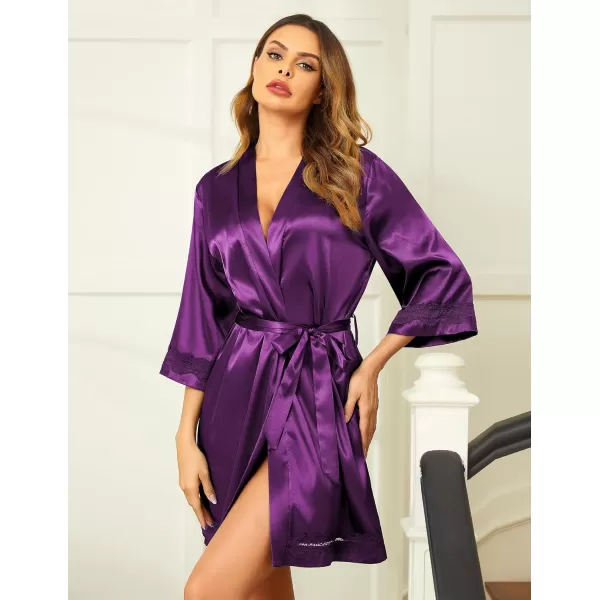 Ekouaer Womens LaceTrim Silk Robes Bride Bridesmaid Kimono Satin Bathrobe V Neck Sleepwear with 34 SleeveWineberry