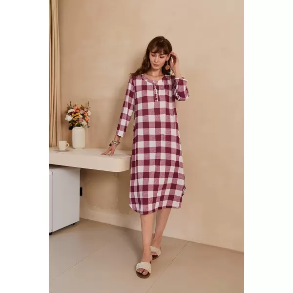 Ekouaer Womens Long Nightgowns Plaid Sleepwear Soft Loose Nightshirt 34 Sleeve Plus Size Housecoat with Button amp PocketsWine Red Plaid