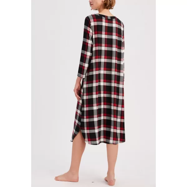 Ekouaer Womens Long Nightgowns Plaid Sleepwear Soft Loose Nightshirt 34 Sleeve Plus Size Housecoat with Button amp PocketsZblackred Plaid