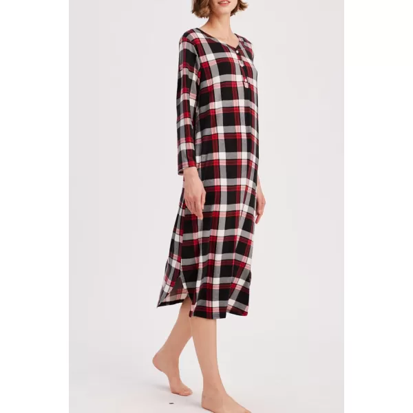 Ekouaer Womens Long Nightgowns Plaid Sleepwear Soft Loose Nightshirt 34 Sleeve Plus Size Housecoat with Button amp PocketsZblackred Plaid