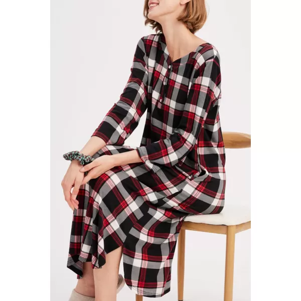 Ekouaer Womens Long Nightgowns Plaid Sleepwear Soft Loose Nightshirt 34 Sleeve Plus Size Housecoat with Button amp PocketsZblackred Plaid