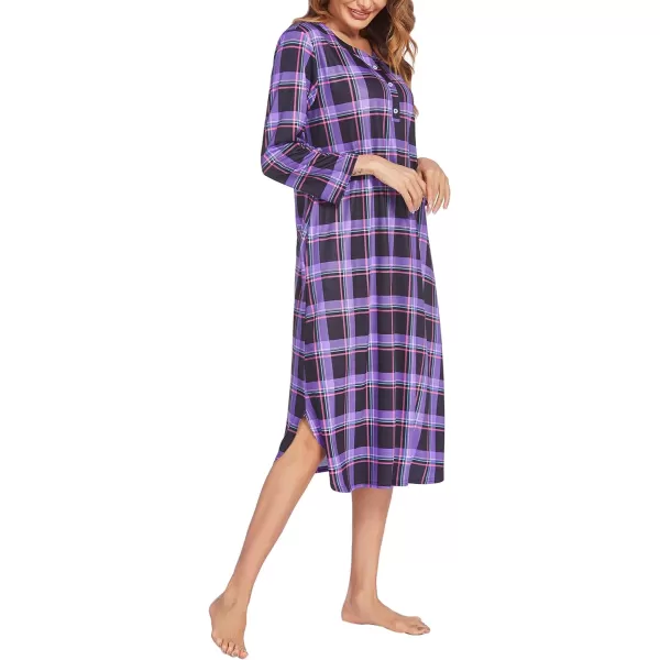 Ekouaer Womens Long Nightgowns Plaid Sleepwear Soft Loose Nightshirt 34 Sleeve Plus Size Housecoat with Button amp PocketsZpurple Plaid