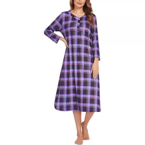 Ekouaer Womens Long Nightgowns Plaid Sleepwear Soft Loose Nightshirt 34 Sleeve Plus Size Housecoat with Button amp PocketsZpurple Plaid