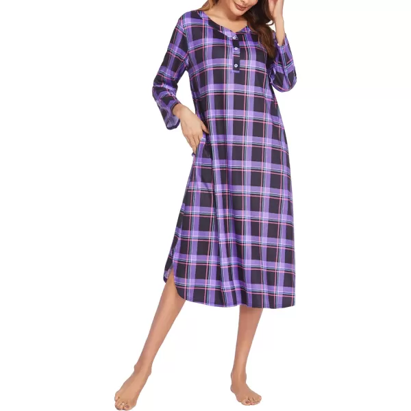 Ekouaer Womens Long Nightgowns Plaid Sleepwear Soft Loose Nightshirt 34 Sleeve Plus Size Housecoat with Button amp PocketsZpurple Plaid