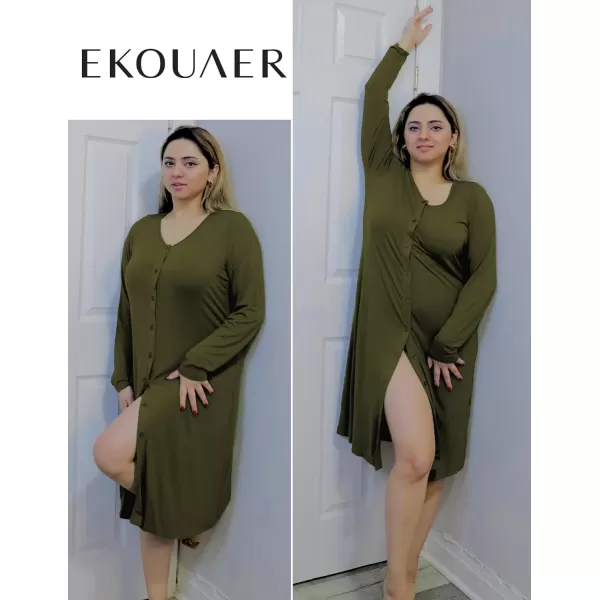 Ekouaer Womens Long Sleeve Button Down Nightgown Loose VNeck Nightshirt Sleepwear Pajama DressArmy Green