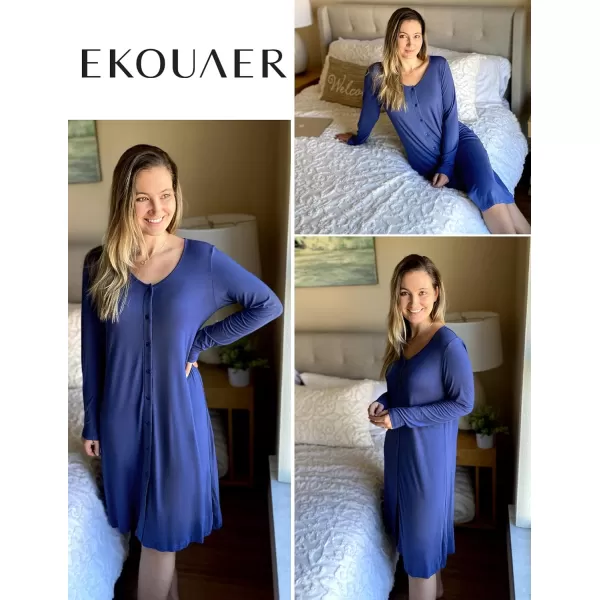 Ekouaer Womens Long Sleeve Button Down Nightgown Loose VNeck Nightshirt Sleepwear Pajama DressBlue