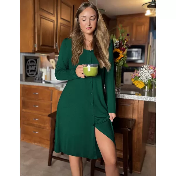 Ekouaer Womens Long Sleeve Button Down Nightgown Loose VNeck Nightshirt Sleepwear Pajama DressGreen