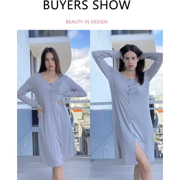 Ekouaer Womens Long Sleeve Button Down Nightgown Loose VNeck Nightshirt Sleepwear Pajama DressLight Grey