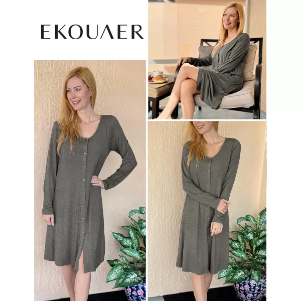 Ekouaer Womens Long Sleeve Button Down Nightgown Loose VNeck Nightshirt Sleepwear Pajama DressMedium Grey